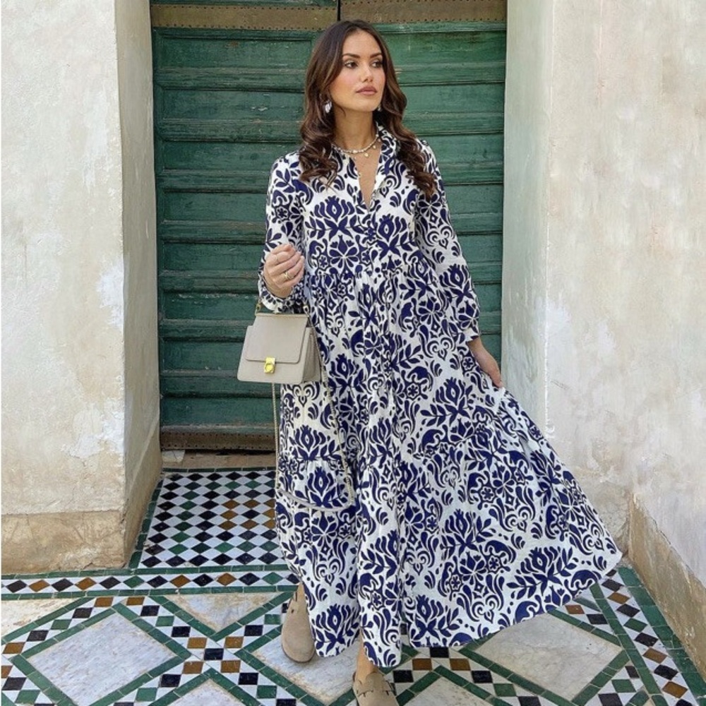 Zara Navy and Cream Patterned Dress